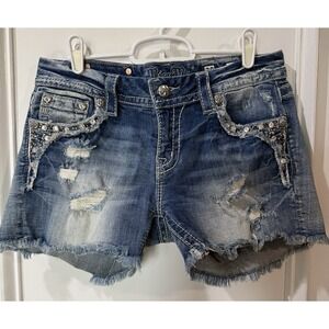 Miss Me Women's Shorts 28 Distressed Denim Rhinestone Mid Rise Shorts Jean Bling